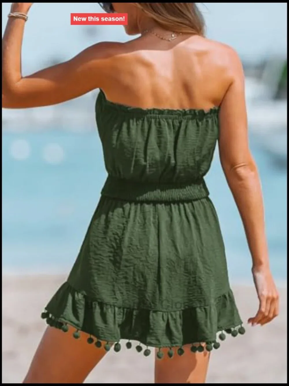 Strapless Tube Swimsuit Cover Up Dress Smocked Pom Pom Beach Mini